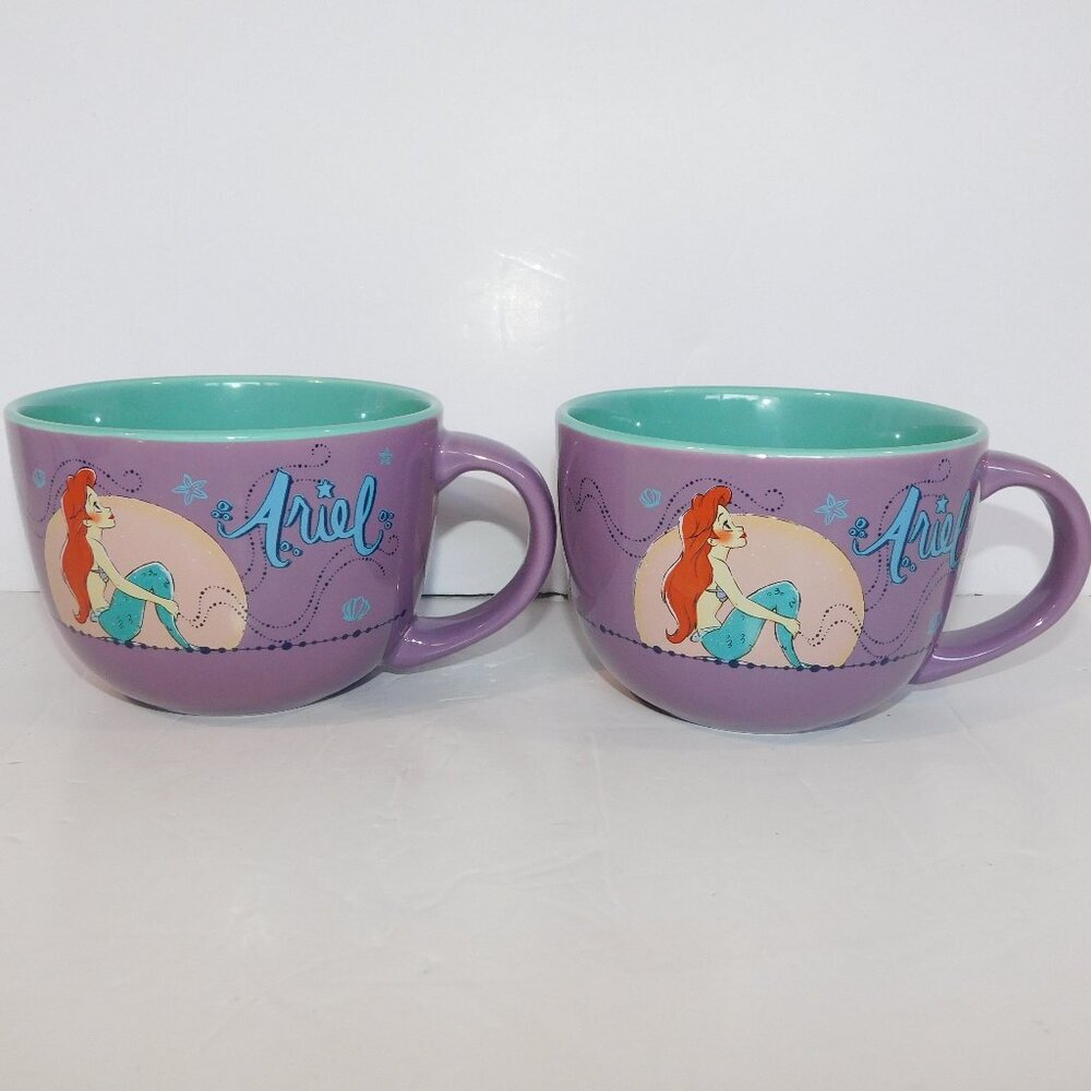 2 Disney Ariel Little Mermaid Purple Teal 24 oz Soup Coffee Cereal Mugs UNUSED